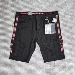 Smugglers Moon Cargo Shorts Men 42 Black Denim Distressed Stripe Grunge Rock NWT